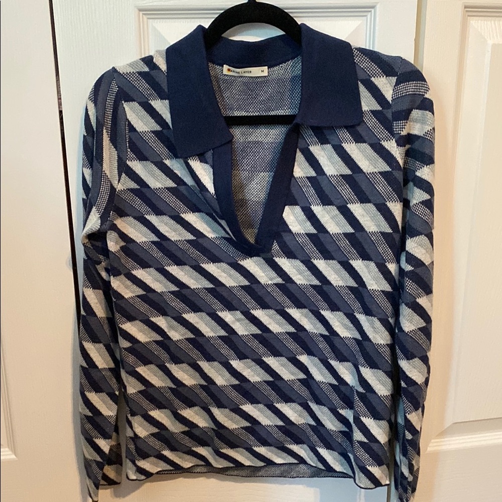 Marine Layer Navy and White Patterned Long Sleeve Sweater